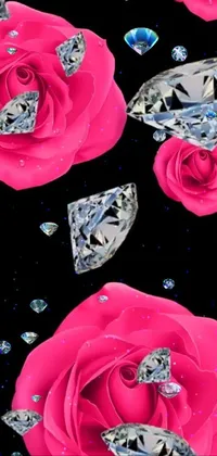 This live wallpaper features a stunning image of sparkling diamonds atop a pink rose, set against a black background with a dark floral pattern