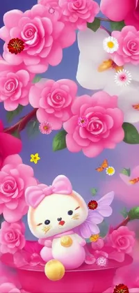 This charming phone live wallpaper displays a white cat sitting atop a bed of pink roses, rendered in captivating digital art by an anonymous creator