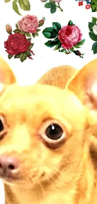 This phone live wallpaper depicts a realistic chihuahua dog with beautiful flowers in the background