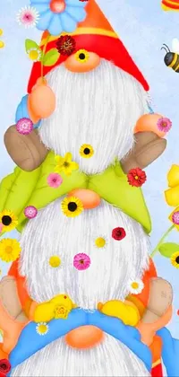 This phone wallpaper features a cheerful gnome perched atop a colorful mound of vibrant flowers
