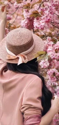 This live wallpaper for phones features an illustrated scene of a woman standing in front of a blossom tree with pink flowers