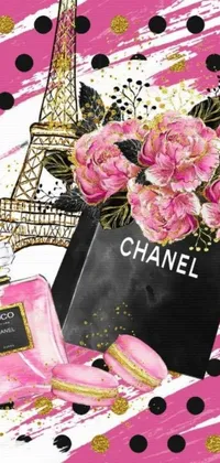 Spruce up your device with this exquisite phone live wallpaper featuring a stunning digital art painting of pink flowers set against the breathtaking Eiffel Tower in Paris
