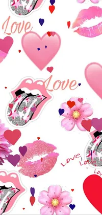 This live wallpaper features a playful and feminine design with pink lips, flowers, and pink hearts on a white background