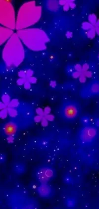 This phone wallpaper features a purple flower bouquet against a blue digital background