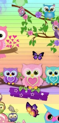 This live wallpaper features a group of brightly colored owls sitting on a tree branch