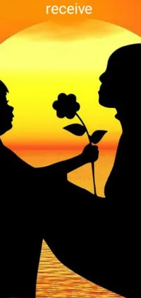 This stunning live phone wallpaper features a captivating silhouette of a man offering a flower to a woman