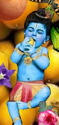 This vibrant phone live wallpaper features a playful young boy standing in front of a luscious array of juicy oranges