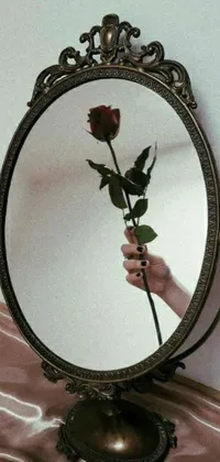This vintage-inspired phone live wallpaper features a highly detailed illustration of a person holding a rose and a shield while gazing into a classic mirror