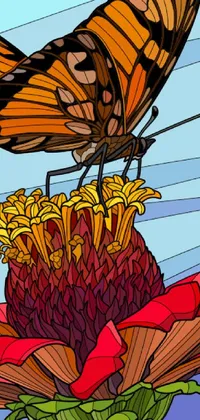 This live wallpaper displays a beautifully illustrated butterfly perched on a vivid and detailed flower, all designed in a sharp and high-resolution art nouveau and colorful comics style