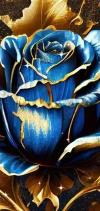 Get lost in the beauty of a mesmerizing phone live wallpaper featuring a realistic blue rose with shimmering gold leaves