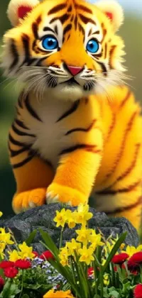 This phone live wallpaper features a cute tiger cub standing on a rock amidst marigold orange flowers and dark green leaves