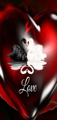 This black and white swan live wallpaper depicts a romantic scene with a red heart and heart effects