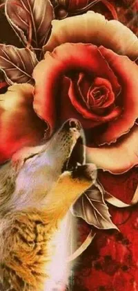 This phone live wallpaper showcases a beautiful painting of a wolf and rose on a red background