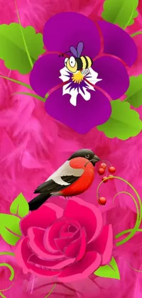 This live phone wallpaper displays a colorful illustration of a bird sitting on a pink rose amidst a stunning backdrop
