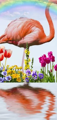 This stunning live wallpaper features a flamingo standing in a vibrant field of flowers