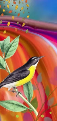 This stunning live phone wallpaper features a yellow and black bird resting on a lush green leaf, set against a psychedelic art background