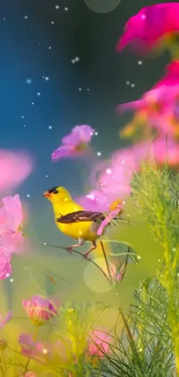 This phone live wallpaper showcases a striking photograph of a yellow bird sitting gracefully on a stunning bed of green flowers, surrounded by miniature cosmos