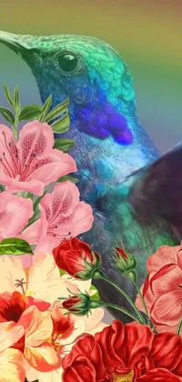 This phone live wallpaper depicts a mesmerizing painting of a hummingbird floating amidst a beautifully designed garden brimming with an array of colorful flowers