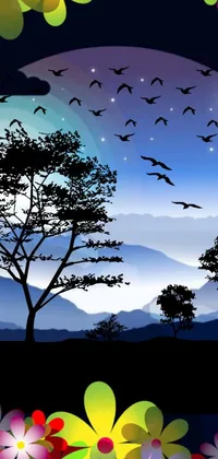 This stunning night scene phone live wallpaper is created in digital art and features brilliant flowers and flying birds against a mountainous background