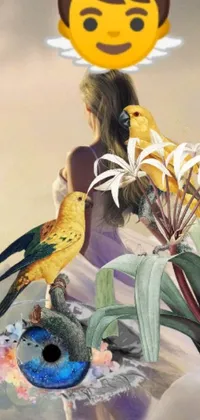 This phone wallpaper showcases a magical realist artwork featuring a woman and a tropical bird