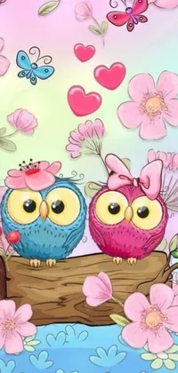 This delightful live wallpaper features animated owls perched on a log against a background of pink and blue floral patterns