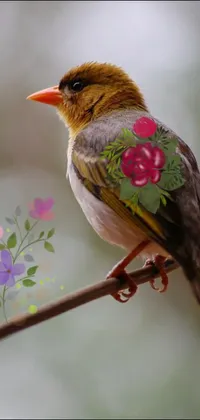 This stunning phone live wallpaper showcases a charming image of a small bird sitting on a tree branch, surrounded by colorful flowers and wired accents