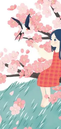 This phone live wallpaper depicts a charming scene of a girl sitting on top of a tree beside a bird amidst a backdrop of sakura flowers
