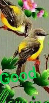 This delightful phone live wallpaper features two birds sitting on a tree branch against a green and yellow backdrop