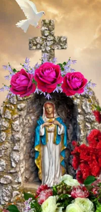 This phone live wallpaper features a mesmerizing digital rendering of the Virgin of Guadalupe