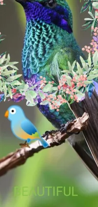 This stunning live phone wallpaper features a beautiful and colorful bird perched on a tree branch