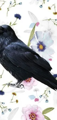 This live phone wallpaper features a black bird sitting on top of flowers, set against a floral painted backdrop
