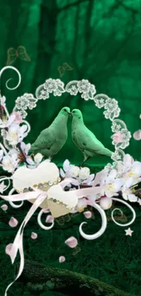 This phone live wallpaper features two birds perched atop a lush green forest, complete with animated movements