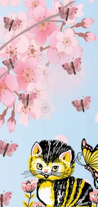This phone live wallpaper features a charming and captivating drawing of a cat surrounded by a vibrant garden of lovely flowers and graceful butterflies