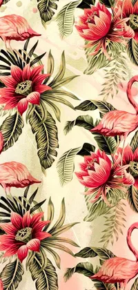 This live phone wallpaper boasts a stunning design of digital pink flamingos and vivid green leaves