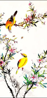 This phone wallpaper features a detailed modern European ink painting of two birds perched on a tree branch