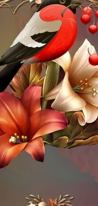 This phone live wallpaper showcases a beautiful digital art featuring a bird on a bunch of flowers