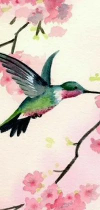 Stunning watercolor hummingbird wallpaper for your phone with closeup view, featuring soft pink and green colors on an elegant arabesque pattern in 240p resolution