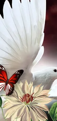 This stunning phone live wallpaper features a beautiful white bird with a colorful butterfly on its wing and a striking flower with leaves and petals