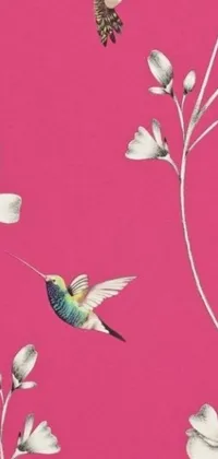 This phone live wallpaper is a stunning display of a bird and flowers in close-up on a pink arabesque background