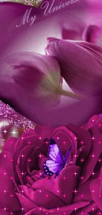 This stunning phone wallpaper is adorned with a gorgeous purple rose, accompanied by a beautiful butterfly perched on one of its petals