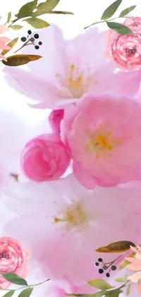 This stunning phone live wallpaper showcases a beautiful digital art image of pink flowers arranged on a table