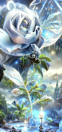 This enchanting live wallpaper features a stunning painting of a diamond-studded rose set against a backdrop of mythical, flower-dotted hills and ethereal fairies