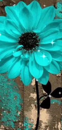 This stunning live wallpaper features a blue flower sitting on a wooden floor