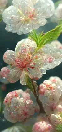 Enhance your phone's background with a stunning live wallpaper! This beautiful image features a close-up of a flower glistening with water droplets and surrounded by vibrant sakura trees