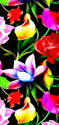 Looking for an aesthetically pleasing phone live wallpaper? Check out this stunning digital painting featuring a vibrant garden of colorful flowers set on a black background with bright, vivid hues of yellows, pinks, blues, oranges, and greens