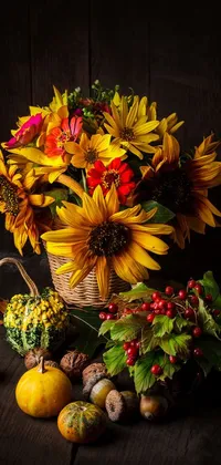 Looking for a beautiful and eye-catching live wallpaper for your phone? Look no further than this stunning photo by Svetlin Velinov, featuring a basket filled to the brim with bright and colorful sunflowers