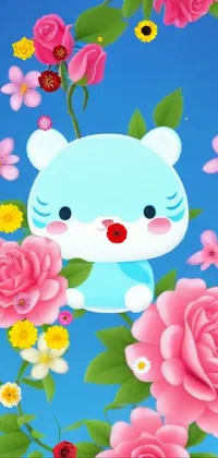 Download a charming live phone wallpaper with a delightful cartoon cat and colorful flowers on a serene blue background