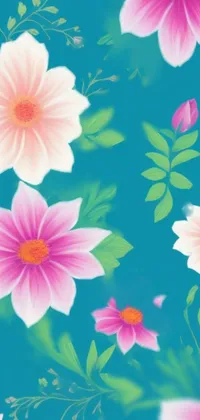 Get lost in the beauty of nature with this stunning blue live wallpaper featuring pink and white flowers in arabesque style