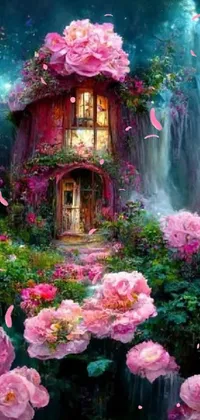 This phone live wallpaper features a stunning painting of a cozy cottage surrounded by colorful flowers and cascading waterfalls