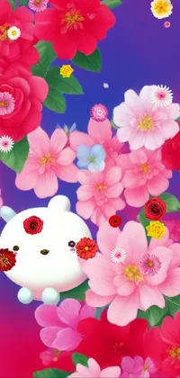 This live phone wallpaper features a 3D digital rendering of a charming cat surrounded by colorful flowers